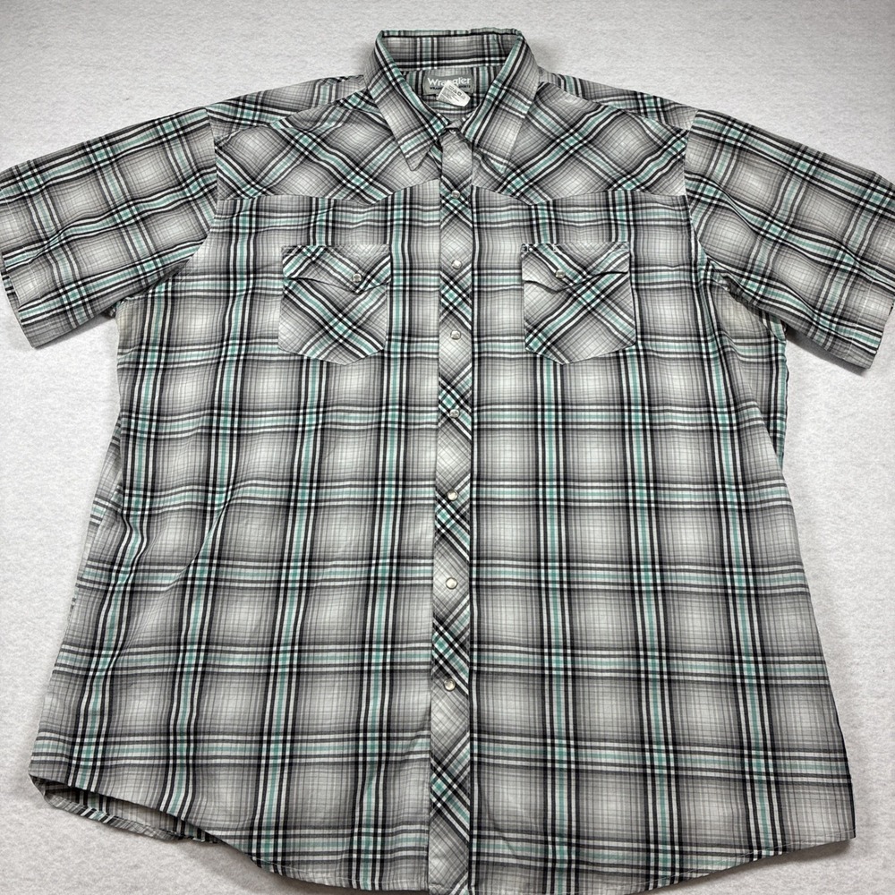 Wrangler Wrancher Pearl Snap Shirt Mens 2XT 2XL Tall Western Cowboy Plaid‎ Gray